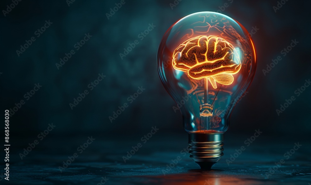 Poster 3d rendering of a light bulb with a brain inside on a dark blue background.