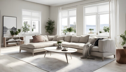 Fototapeta premium Scandinavian Minimalism: A Clean and Stylish Living Space with Natural Light and Sleek Furniture, Generative AI