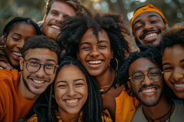 Diverse Group of Friends Smiling and Enjoying Time Together Outdoors in a Park Setting