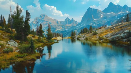 Fototapeta premium A tranquil alpine lake surrounded by rugged mountains and pine trees