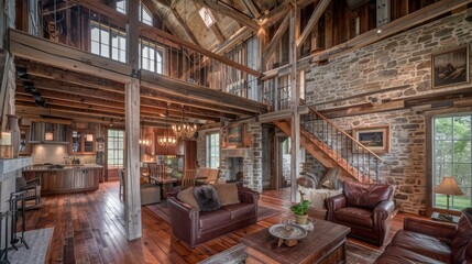 Rustic barn converted into a home with original, aged wood cladding preserved on interior walls