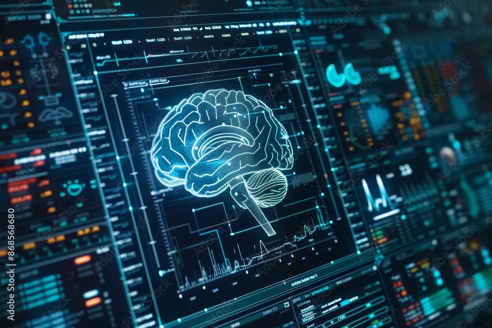 Aufkleber advancements in brain computer interface holographic brain scan surrounded by data visualizations