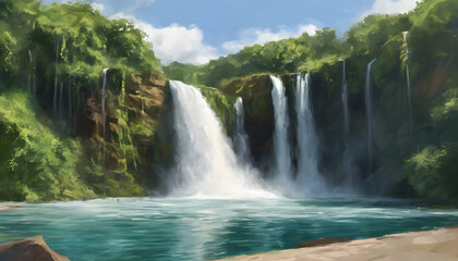 The Roaring Wonder: Powerful Waterfall amidst Lush Greenery and Serene Pool, Generative AI