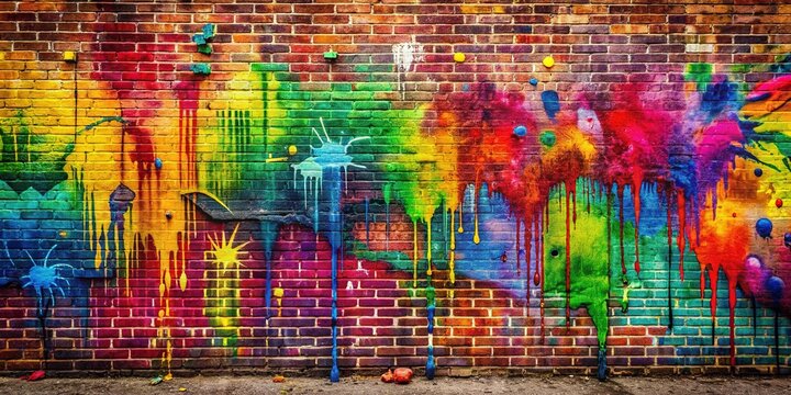 Vibrant colors splash across a worn brick wall, where stencil art and spray-painted tags blend in a dynamic, urban landscape of rebellious street art expression.