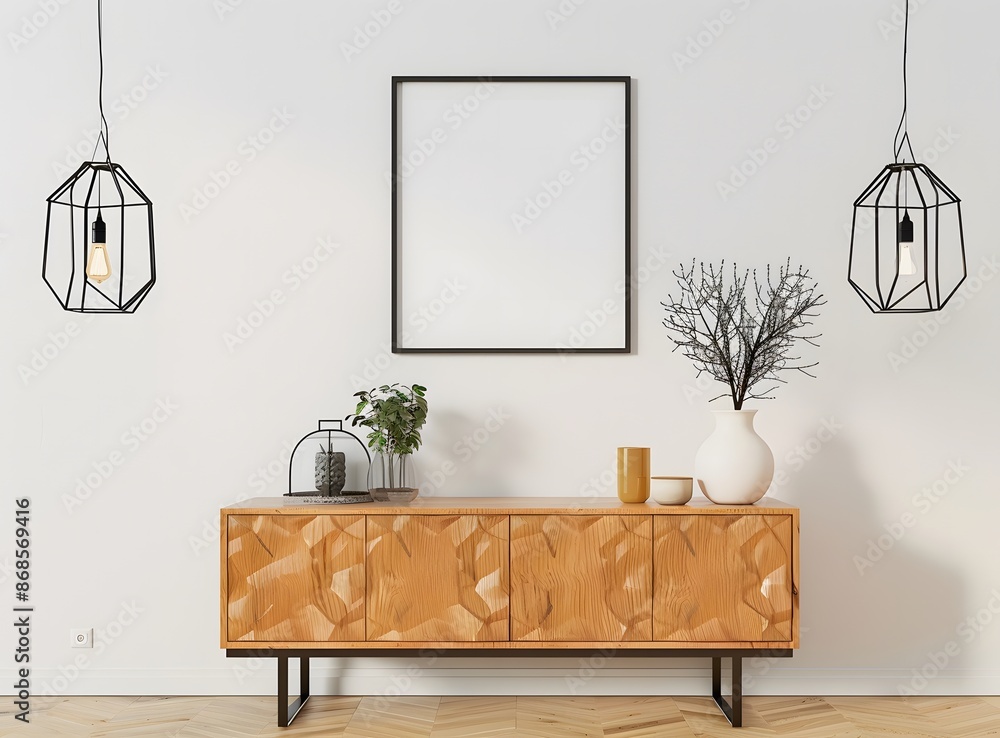 Wall mural mockup of an empty frame on the wall in a modern home