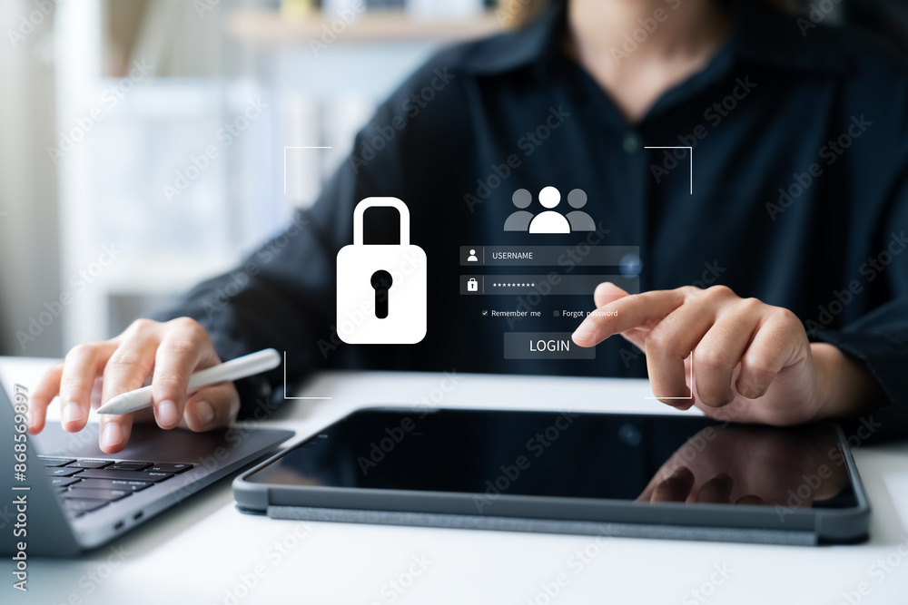 Poster businesswomen protecting personal data on laptops and virtual interfaces. securing cybersecurity con