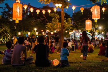Chinese mid autumn festival  families enjoy moon watching activities in parks for celebrations