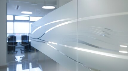 Screen wall featuring a continuous strip of LED-lit frosted glass, etched with minimalist designs, offering both light and privacy in a sleek, modern form