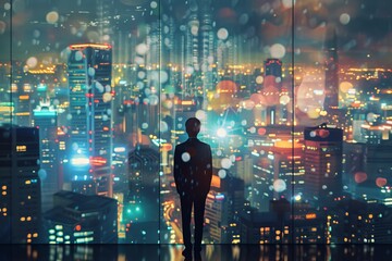 Corporate executive in formal attire enjoying the panoramic cityscape view from his office window