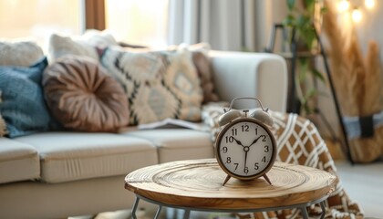 Bohemian chic living room interior with close up of alarm clock on wooden table near sofa