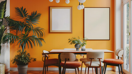 Retro, vintage interior design living room, dining room with an empty mockup poster on the wall