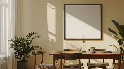 Fototapeta premium Retro, vintage interior design living room, dining room with an empty mockup poster on the wall