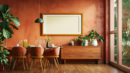 Fototapeta premium Retro, vintage interior design living room, dining room with an empty mockup poster on the wall