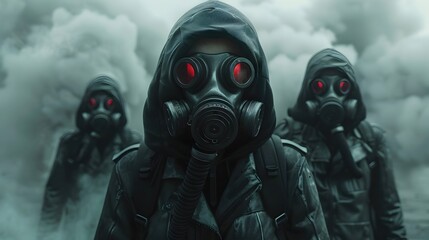 Fototapeta premium Defiant March Through Toxic Mist in Dystopian Gas Mask Attire