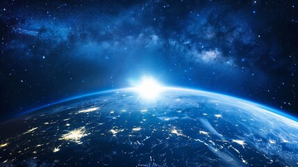 Fototapeta premium Planet Earth Illuminated by City Lights at Night in Outer Space with Stars
