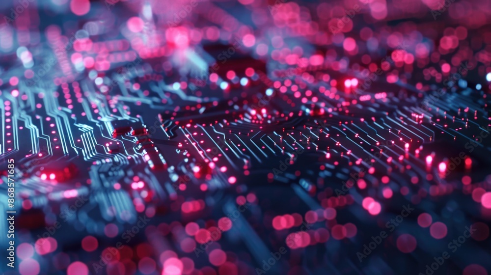 Poster detailed view of a computer motherboard with various components and circuits