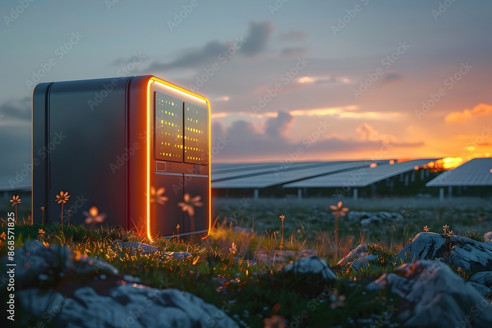 Poster Modular Renewable Energy Power Storage Unit with Streamlined Aluminum Chassis and Glowing Energy Levels