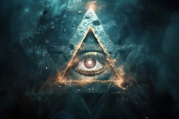 Mystical Esoteric Six-Pointed Star Motif with Watchful Eye of Horus Centerpiece and Harmonious Triangular Forms