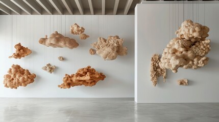 Screen wall featuring sculptural clay tiles, each molded by hand to represent different cloud formations, hung in a way that simulates a floating sky