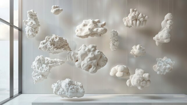 Screen wall featuring sculptural clay tiles, each molded by hand to represent different cloud formations, hung in a way that simulates a floating sky