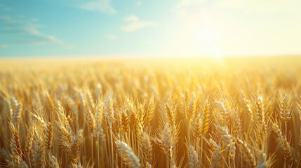 Naklejka premium The image shows a golden wheat field under a blue sky with fluffy white clouds.