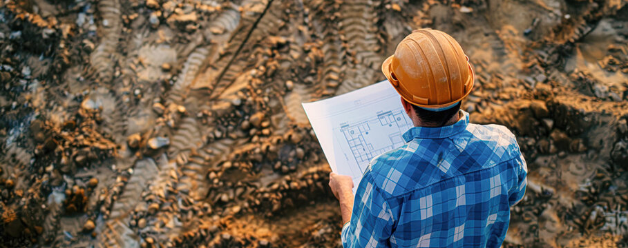 Construction Worker Reviewing Blueprints on Site with Copy Space for Text