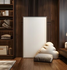 mockup of an empty white poster on the floor leaning against dark wood closet shelves in front of modern