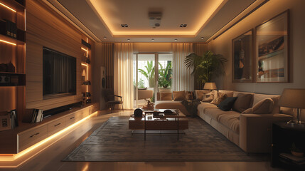 Interior of a living room with a retro design style
