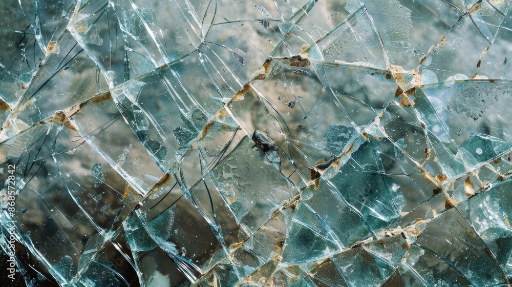 Poster a close-up view of a broken glass window with cracks and shards