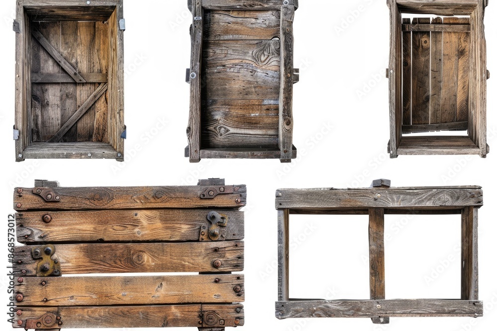Poster set of four different wooden boxes with unique designs and textures
