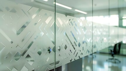 Screen wall with adjustable louvers made from frosted glass, each engraved with minimalist geometric patterns, blending privacy with modern design