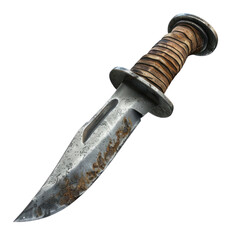 A rugged, weathered hunting knife with a leather-wrapped handle and a steel blade, isolated on a white background.