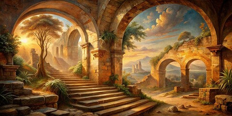 Ancient fresco depiction of serene landscape with ruins, arches, and stairs, evoking biblical atmosphere, in warm earthy tones, suggesting hiding and protection.