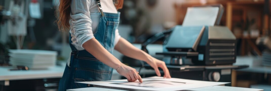 Printing logo, woman in t-shirt using heat press