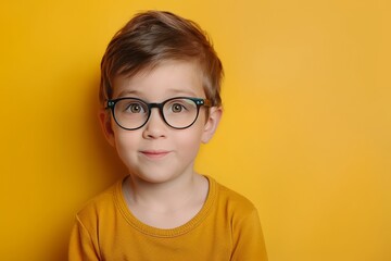 Fototapeta premium Stylish young boy with fashionable glasses posing against a vivid yellow background
