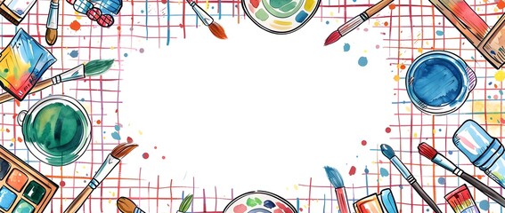 Fototapeta premium Vibrant Plaid Doodle with Supplies Framing Empty Space