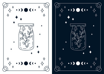 Tarot cards collection with outline jar with magical plant. Esoteric mystical split deck for prediction. Vector design template, boho style. Monochrome outline design