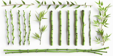 Obraz premium A bundle of bamboo sticks with lush green leaves, perfect for nature or outdoor-themed projects