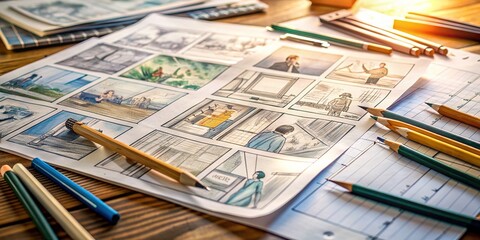 A cluster of papers and pencils scattered on a desk, with a storyboard unfolding, featuring hand-drawn scenes and notes, bringing a film's narrative to life.
