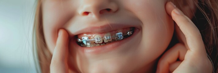 Removable Orthodontic Appliance Closeup, Child Face with Bracket, Girl Teeth with Braces, Brackets
