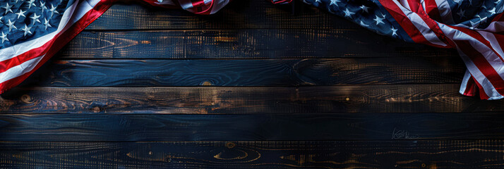 A wooden background with a red, white and blue American flag draped over it