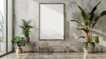 Poster mockup with vertical wooden frame in home interior background