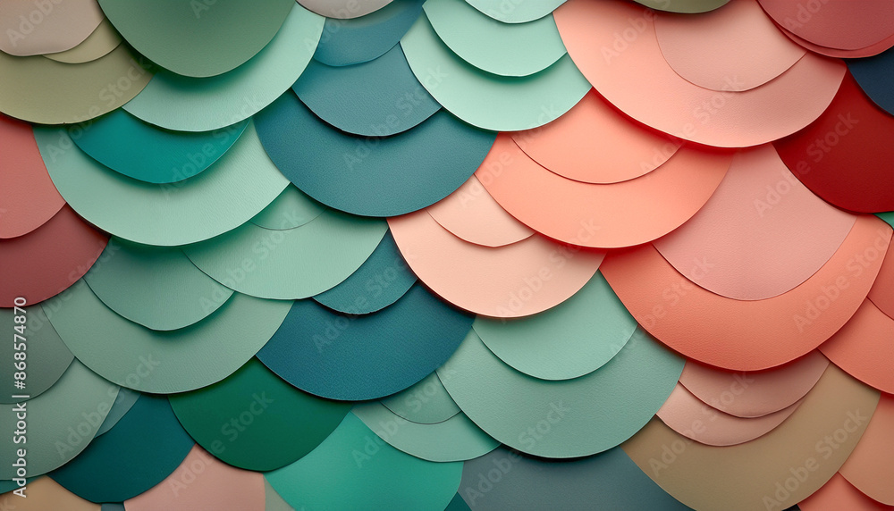 Poster detailed view of a wave-like pattern created by layered gradient turquoise and peach color paper she