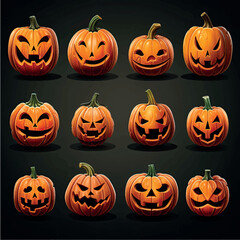 
Set of Halloween pumpkins icons, 3D Halloween pumpkin stickers pattern. Isolated set of jack-o'-lanterns for Halloween pattern. Scary 3D pumpkin models stickers and icons on a black background.