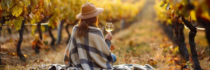 Wine tasting, wine tour, winetasting, woman in poncho drinking white wine, female vintner