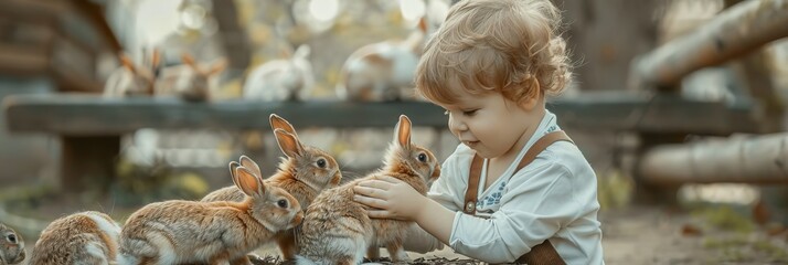 Cute little Boy play with the rabbits in the petting zoo