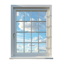 Obraz premium Modern window with white frame showcasing a clear blue sky with fluffy white clouds outside, symbolizing transparency and openness.