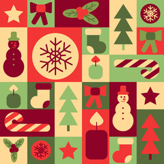 Christmas seamless pattern in geometric style with winter holiday items and Christmas tree. Holiday traditional items in simple geometric shapes, vector flat style. Good for wrapping, textile, cover