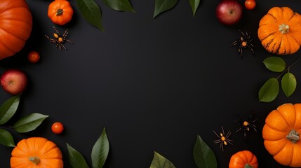 Halloween flat lay mockup with creepy spiders, festive decorations, and intricate spider webs on a black background, perfect for autumn holiday themes, top view, copy space