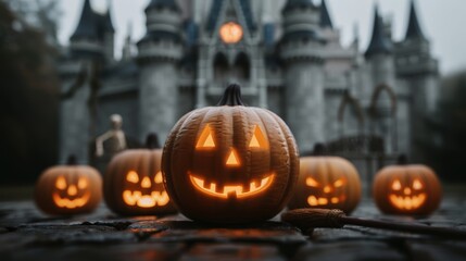 Fototapeta premium Haunted Gothic castle lit by sinister jack-o'-lanterns, skeletal sentinels at attention, witch's broom propped against the ancient walls